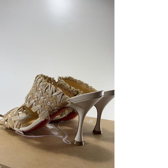 Meroine 85mm raffia Tan Woven fringe heels mules D980 - Picture 7 of 11